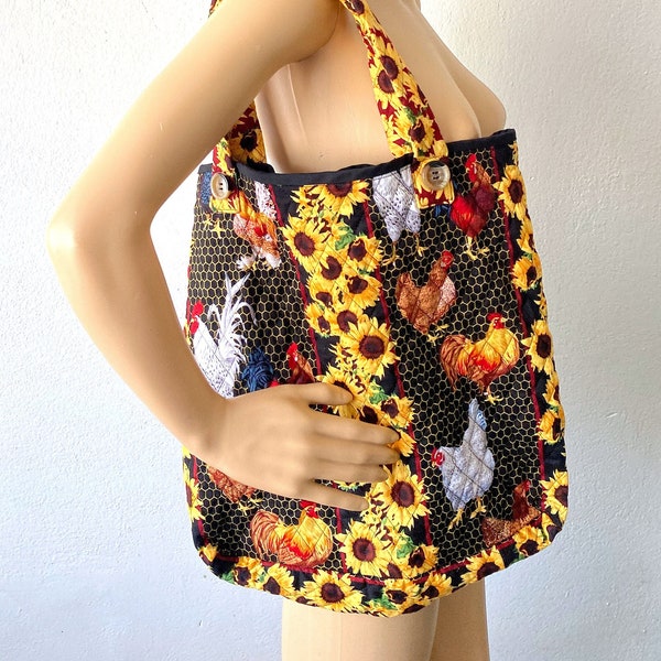 Vintage Quilted Tote Bag | Sunflower Purse | Chicken Theme Bag | Rooster Print Tote Bag | Novelty Print Bag | Gift for Farmer | Farm Decor