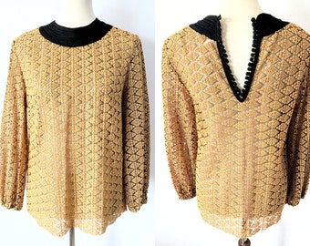 Vintage Gold Lace Top | Eyelet Blouse | Retro Mod Blouse | Raw Hem Blouse | Metallic Blouse | Granny Chic Top | Hippie Blouse | Artsy Blouse