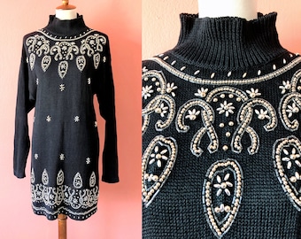 Vintage 90er Jahre Perlenpullover Kleid | Langer Pullover | GlamPullover | Ausgefallener Pullover | Oversized Pullover | Slouchy Pullover | VICTORIA JONES S M L