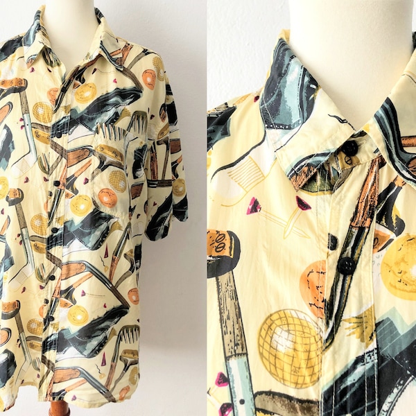 Vintage Men's Silk Shirt | Golf Print Button Up | Novelty Print Top | Lightweight Shirt | Gift for Dad | Gift for Husband | Gift for Golfer