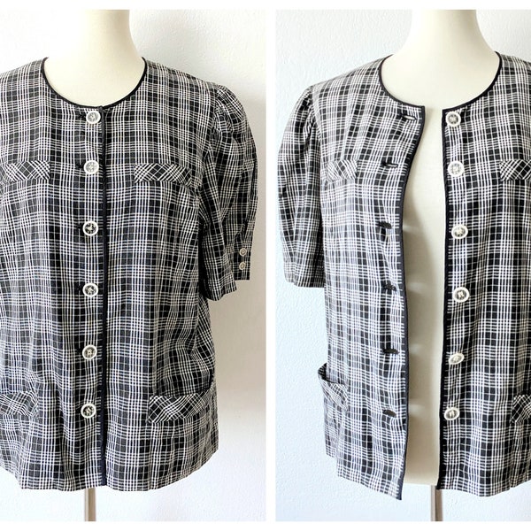 Vintage Black White Plaid Blouse | Japanese Fashion | Puff Sleeve Blouse | Boxy Blouse | Cute Blouse | Modest Fashion | Monochromatic Top L