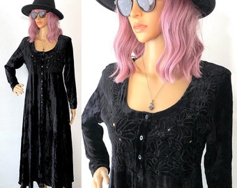 Vintage 90s Velvet Dress Crushed Velvet Dress Goth Dress Grunge Maxi Dress Witch Dress Button Front Dress Bohemian Dress Empire Dress XS S