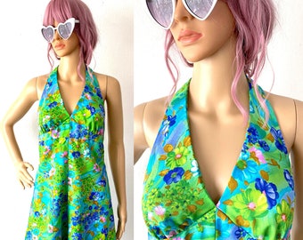 Vintage Floral Mini Dress Halter Top Bright Green Flower Print Mod Festival Dress Neon Dress Petite Summer Dress Groovy Dress Micromini XS S