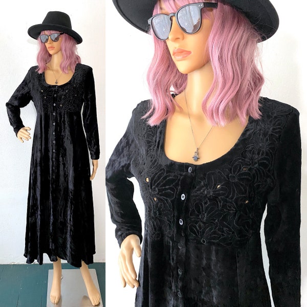 Vintage 90s Velvet Dress Crushed Velvet Dress Goth Dress Grunge Maxi Dress Witch Dress Button Front Dress Bohemian Dress Empire Dress XS S