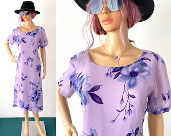 Vestido midi floral de los años 90, estampado botánico morado semitransparente