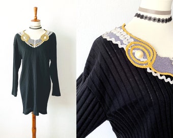 Vintage 80s Long Sweater | Glam Sweater | Goth Sweater | Granny Chic Top | Embellished Sweater | Ribbed Top | Metallic Sweater | Kitschy SML