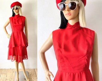 Vintage Red Chiffon Dress | 50s 60s Cocktail Dress | Bright Red Party Dress | High Cowl Neck Dress | Layered Skirt Dress | Retro Dress XS S
