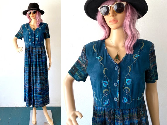 Vintage 90s Maxi Dress Embroidered Empire Waist Grunge High Waist Dress Granny Chic Mom Dress Bohemian Art Rayon Dress Loose Skirt Dress 4 S Etsy