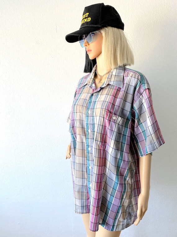 Vintage Plaid Short Sleeve Button Up Shirt | Boyf… - image 7