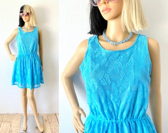 Elastic Waist Sleeveless Dress | Lace Minidress | Bright Blue Dress | Blouson Dress | Hipster Dress | Lightweight Dress | Casual Dress | S M