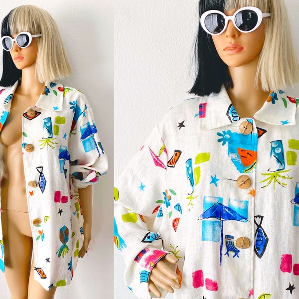 Vacation Blouse | Beach Theme Top | Colorful Oversized Blouse | Tropical Blouse | Resort Fashion | Beach Theme Top | Mom Blouse | Artsy Top
