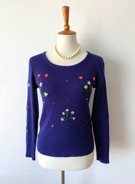 Vintage Embroidered Sweater 50s 60s Floral Sweate… - image 5