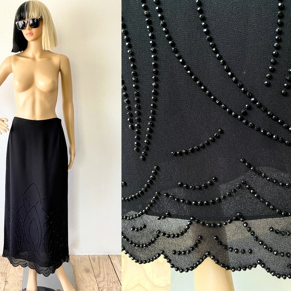 Long Black Formal Skirt | Skirt with Slit | Dressy Skirt | Beaded Maxi Skirt | Party Skirt | Fancy Skirt | Goth Skirt | Scalloped Hem Skirt