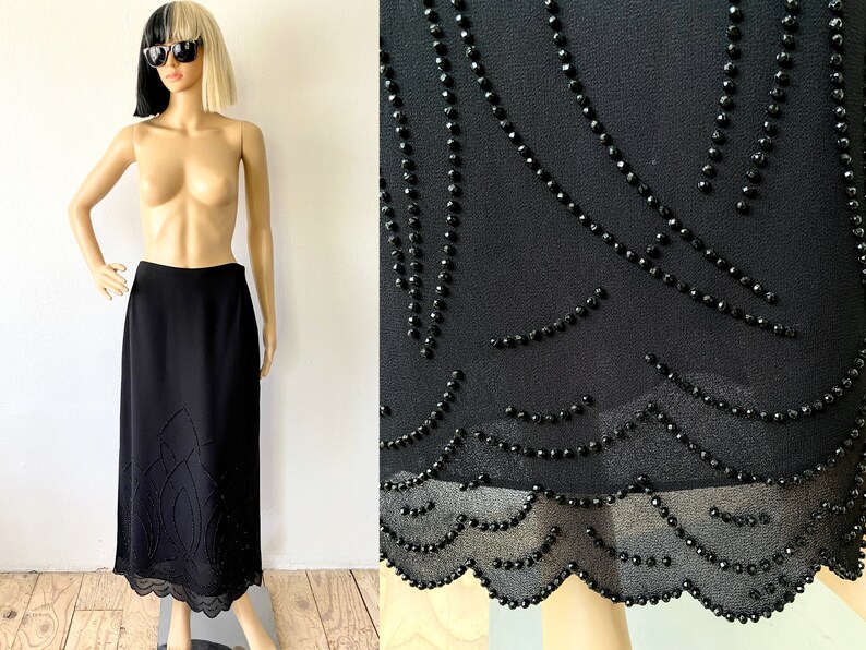 Long Black Formal Skirt Skirt with Slit Dressy Skirt Beaded Maxi Skirt Party Skirt Fancy Skirt Goth Skirt Scalloped Hem Skirt image 1