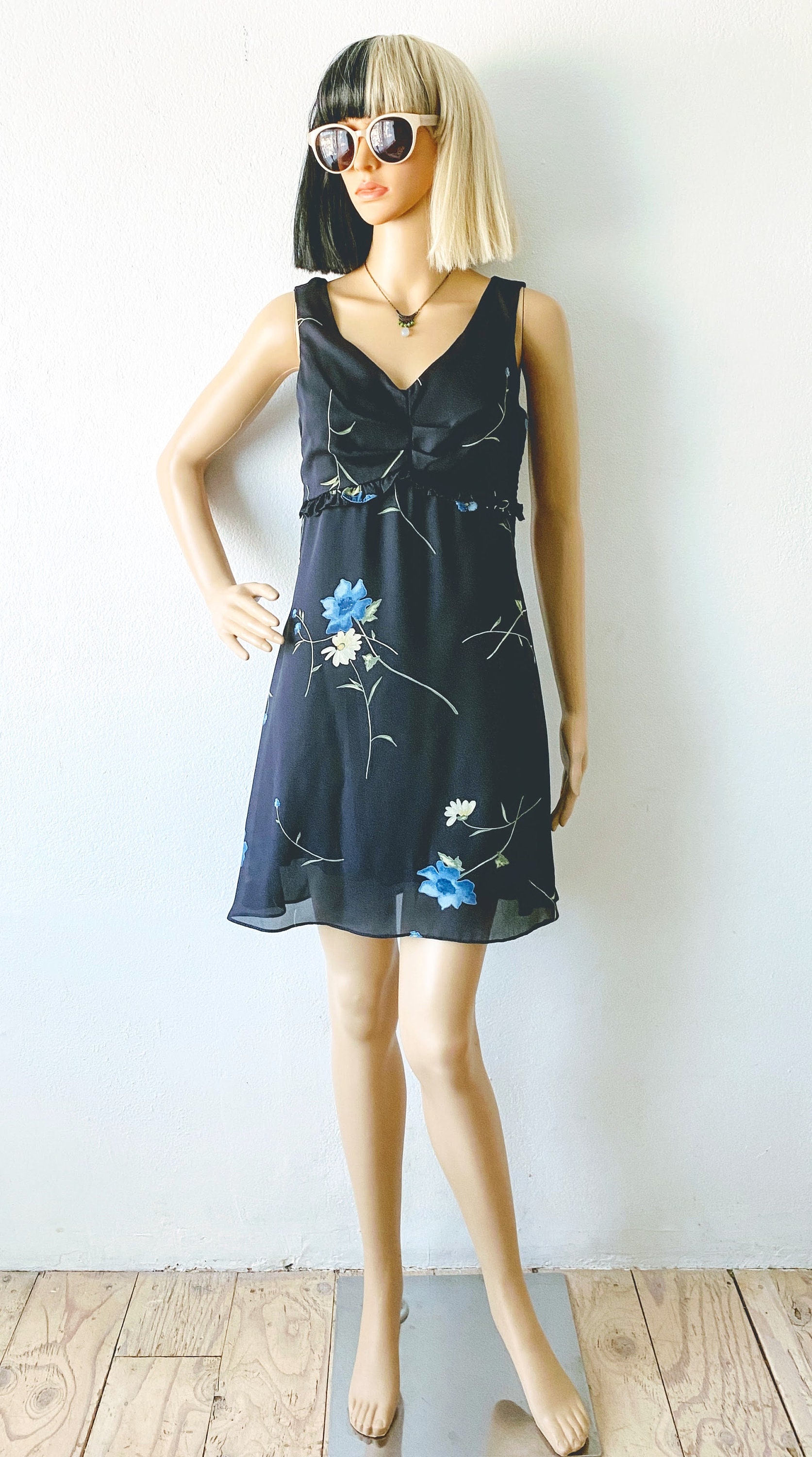 Vintage Navy Blue Dress Empire Waist Dress High waist Dress 90s Floral Mini Dress Summer Dress Flowy Dress Dark Blue Mini Dress Etsy Canada
