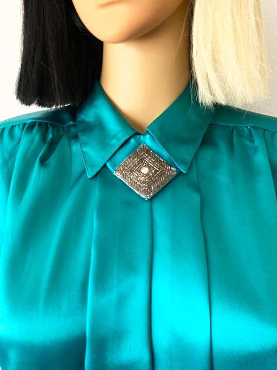 Vintage Silky Career Blouse | Teal Blouse | Appli… - image 8