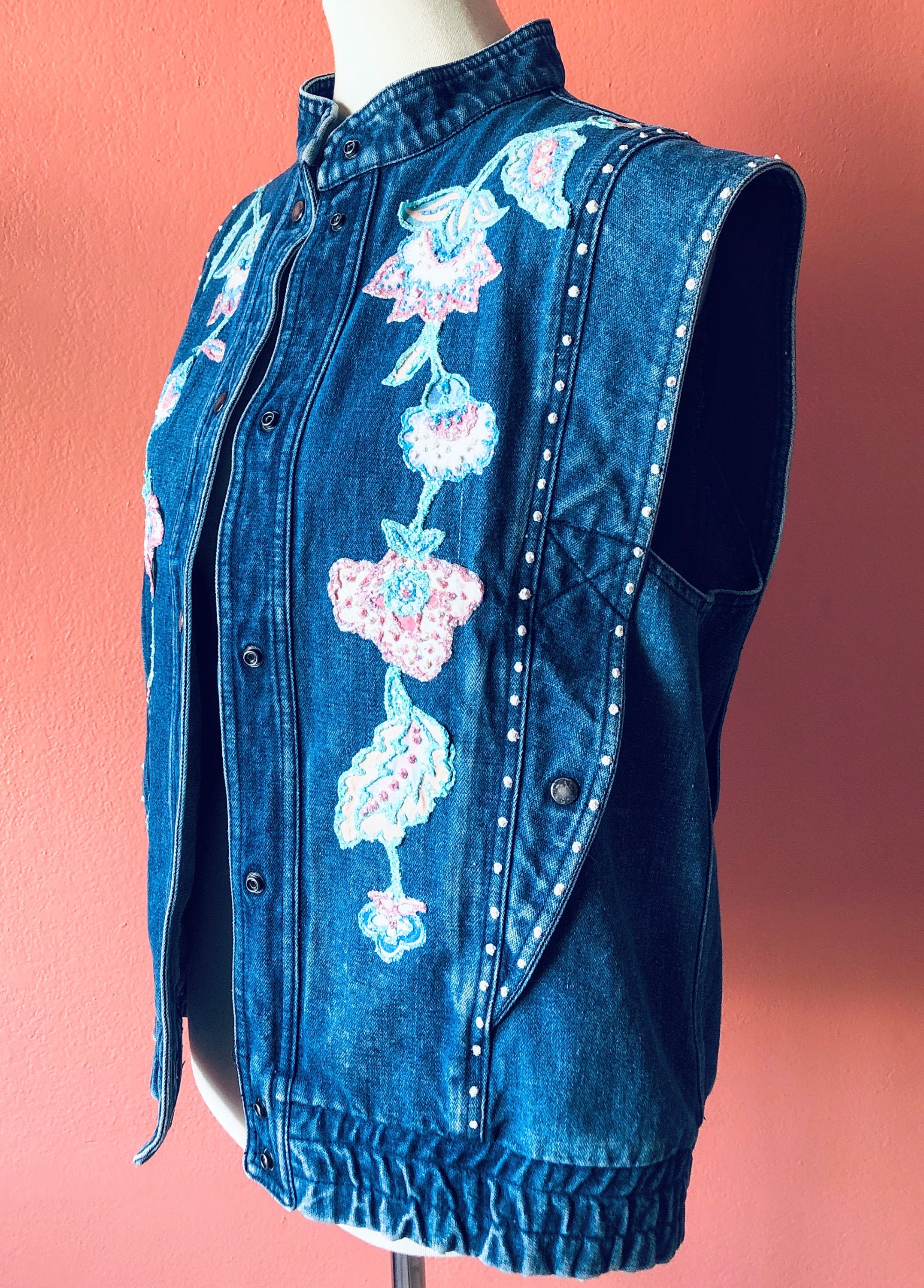 Vintage Studded Denim Vest Puff Paint Fashion Floral Vest Jean | Etsy