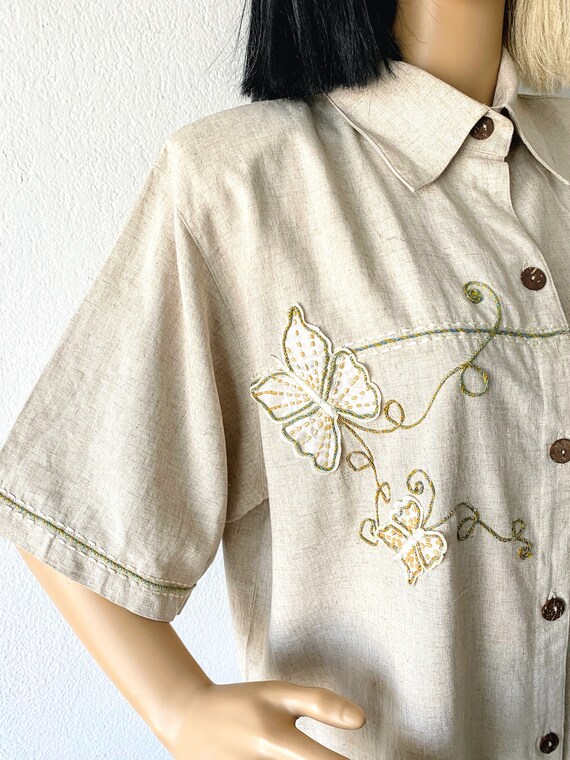 Vintage Linen Button Up Blouse | Butterfly Blouse… - image 4