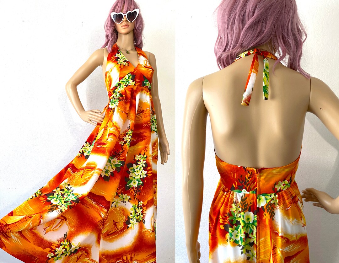 Vintage Hawaiian Halter Dress 70s Maxi HUKILAU Open Back Summer Dress ...