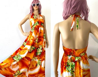 Vintage Hawaiian Halter Dress 70s Maxi HUKILAU Open Back Summer Dress Colorful Maxi Resort Vacation Tropical Festival Hippie Bohemian XS S