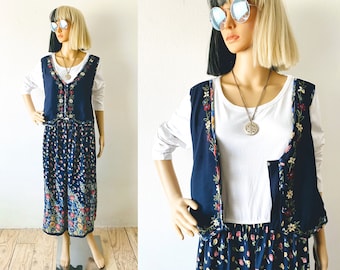 Vintage Maxi Dress with Vest | Granny Dress | Church Dress | Embroidered Dress | Tie Back Dress | Navy Floral Dress | Hipster Dress | | M