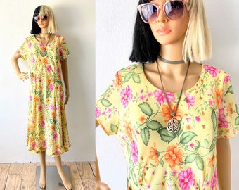 Vintage Summer Dress | Bright Yellow Botanical Dress | Cottagecore Dress | Tea Dress | WHITE STAG | Romantic Dress | Wedding Guest Dress | L