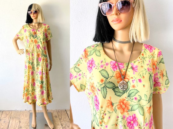 Vintage Summer Dress | Bright Yellow Botanical Dr… - image 1