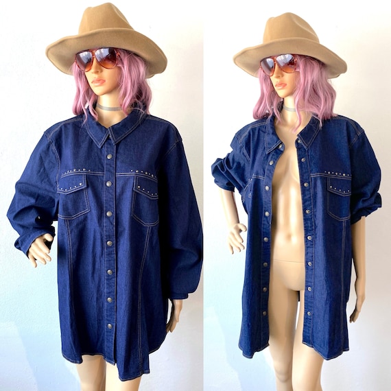 Vintage Plus Size Denim Shirt Jean Button Up Shir… - image 1