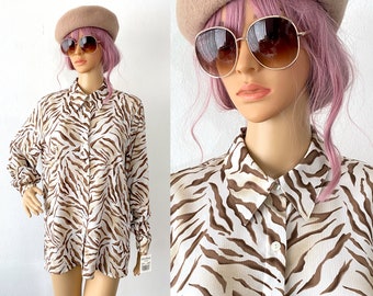 Vintage Alfred Dunner Tiger Print Blouse, Lightweight Button Up, Size 12