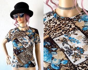 Y2K Mesh Top: Mixed Animal Floral Print, Retro Rave Tee