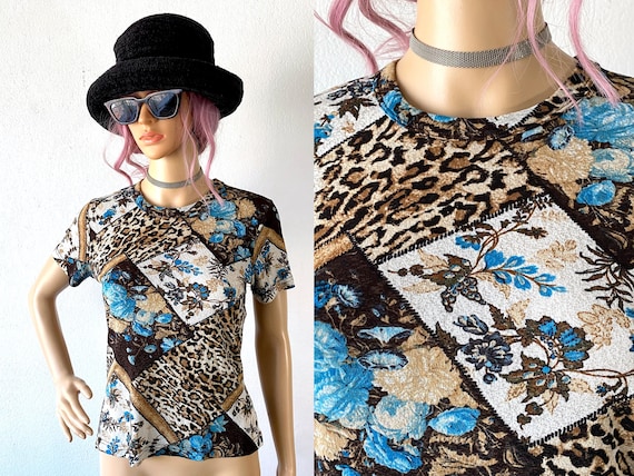 Y2K Mesh Fitted Top Mixed Print Leopard Cheetah B… - image 1