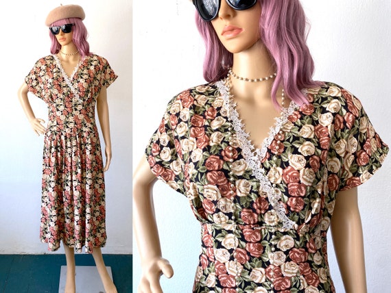 Vintage Grunge Floral Dress 90s All Over Print Midi Dress