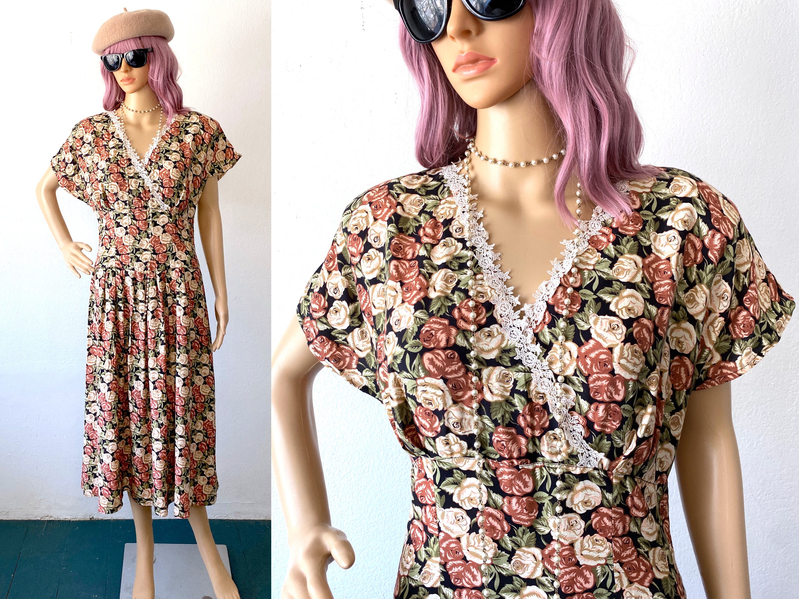Vintage Grunge Floral Dress 90s All Over Print Midi Dress