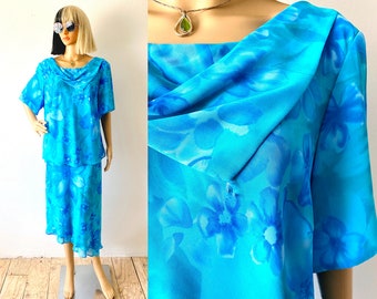 Vintage Plus Size Dress | Tropical Dress | Two Piece Dress | Flowy Dress | Vacation Dress | Cowl Neck Dress | Wedding Guest Dress | XL XXL