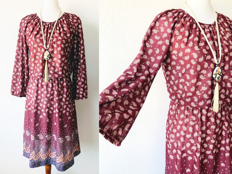 Vintage 70s Paisley Dress Elastic Waist Dress Sheer Peasant Dress Hippie Midi Dress Romantic Dress Maroon Boho Dress Gathered Bodice S M