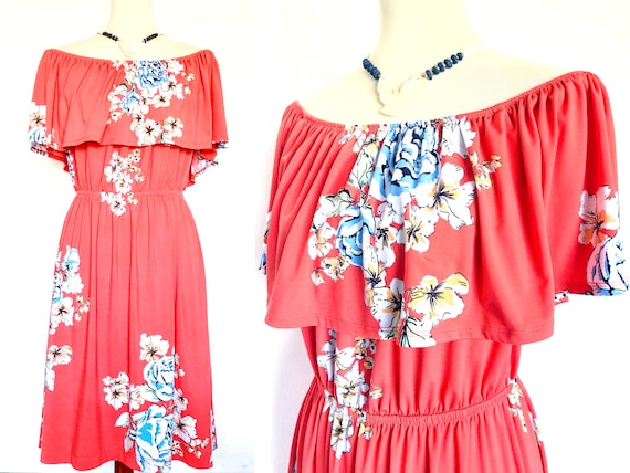 Vintage Off The Shoulder Dress / Ruffle Dress / Pe