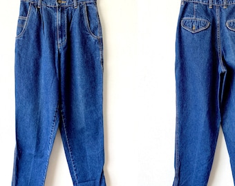 Jeansy typu mom jeans z wysokim stanem w stylu vintage | Plisowany, ciemnoniebieski denim, rozmiar 4