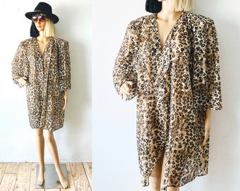 Vintage 80s Sheer Duster | Animal Print Duster | Open Front Cardigan | See Through Jacket | Cheetah Lingerie | Open Nightgown | 2X 20W Plus