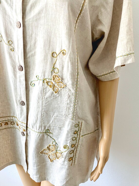 Vintage Linen Button Up Blouse | Butterfly Blouse… - image 9