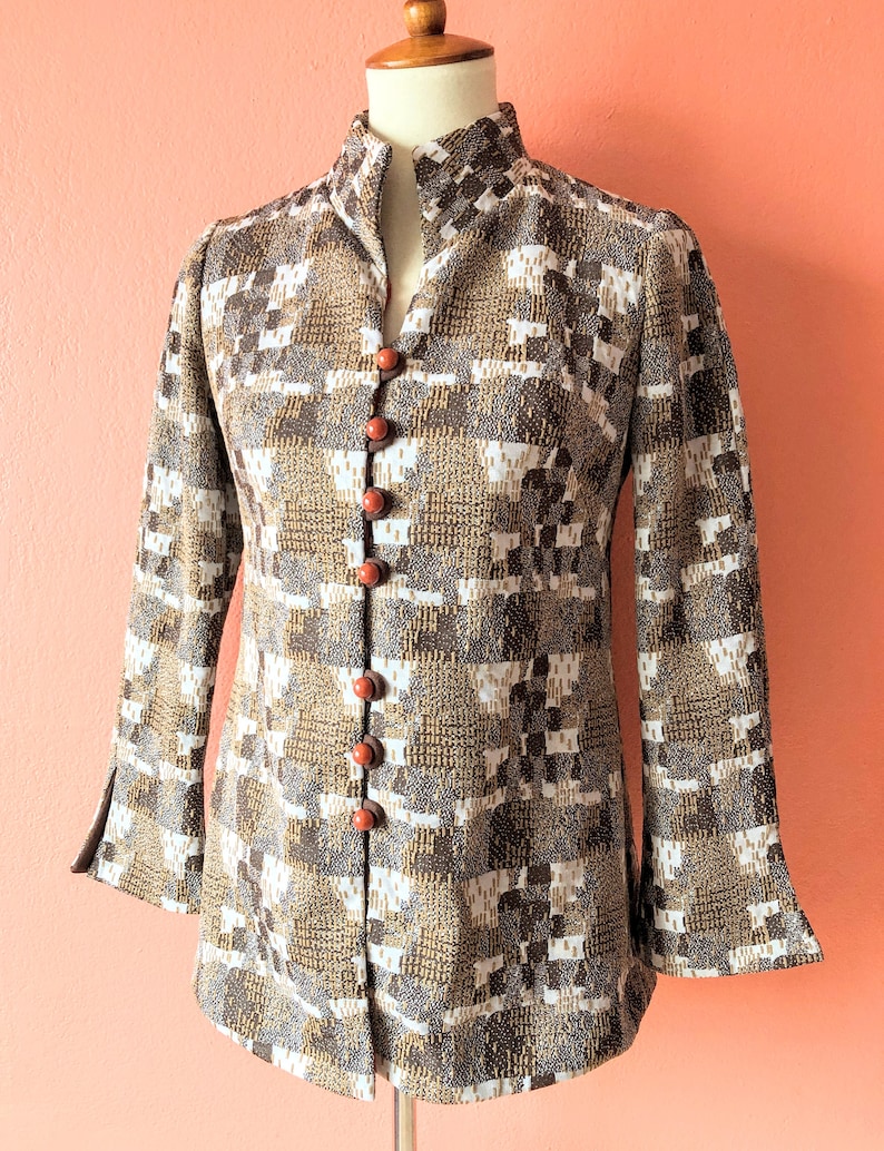 Vintage 70s Brown Blazer Geometric Jacket Abstract Blazer Mod Blazer Mod Jacket Abstract Jacket Indie Blazer Hippie Blazer Polyester Top S M