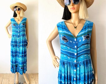 Vintage Zomer Maxi Jurk | Crinkle Dress Gauze Dress Button Front Dress Ocean Dress Vakantie Jurk | Resort Jurk | Casual Jurk M