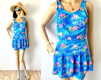 Vintage Skirted Bathing Suit | 80s One Piece Swimsuit | Swim Romper | Retro Swimsuit | Floral Tankini | Swimsuit Attached Shorts | M to L