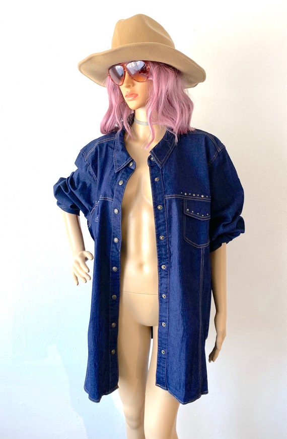 Vintage Plus Size Denim Shirt Jean Button Up Shir… - image 7