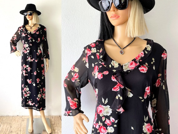 Vintage 90s Grunge Maxi Rose Print Dress Frilly Dress Romantic Dress Ruffled Trim Dress Flowy Dress Wedding Guest Dress Sz 12 Etsy Australia