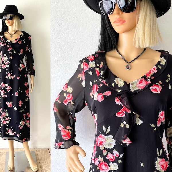 Vintage 90s Grunge Maxi | Rose Print Dress | Frilly Dress | Romantic Dress | Ruffled Trim Dress | Flowy Dress | Wedding Guest Dress | Sz 12