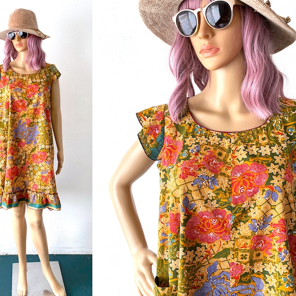 Vintage Summer Cotton Dress House Dress Vacation Dress Loose Dress Bohemian Shift Dress Ruffled Hem Dress Colorful Earthy Groovy Hippie XS S