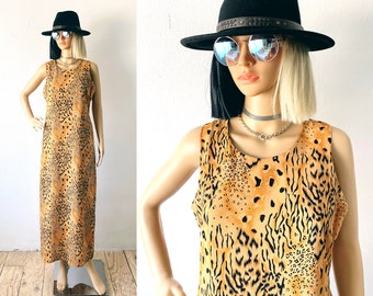Vintage Animal Print Maxi Dress | Earthy Boho Sleeveless Dress