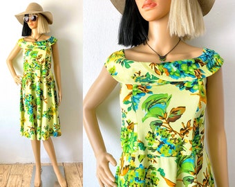 Vintage Yellow Botanical Dress | Bright Yellow Dress | Colorful Retro Summer Dress | Boat Neck Dress | Full Skirt Dress | Handmade Dress |