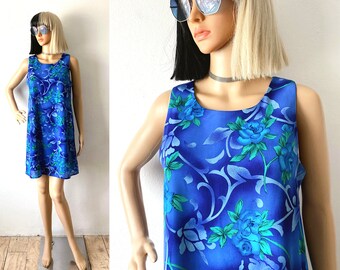 Vintage 90s Floral Print Shift Dress | Turquoise, Navy, Teal | Size 9/10