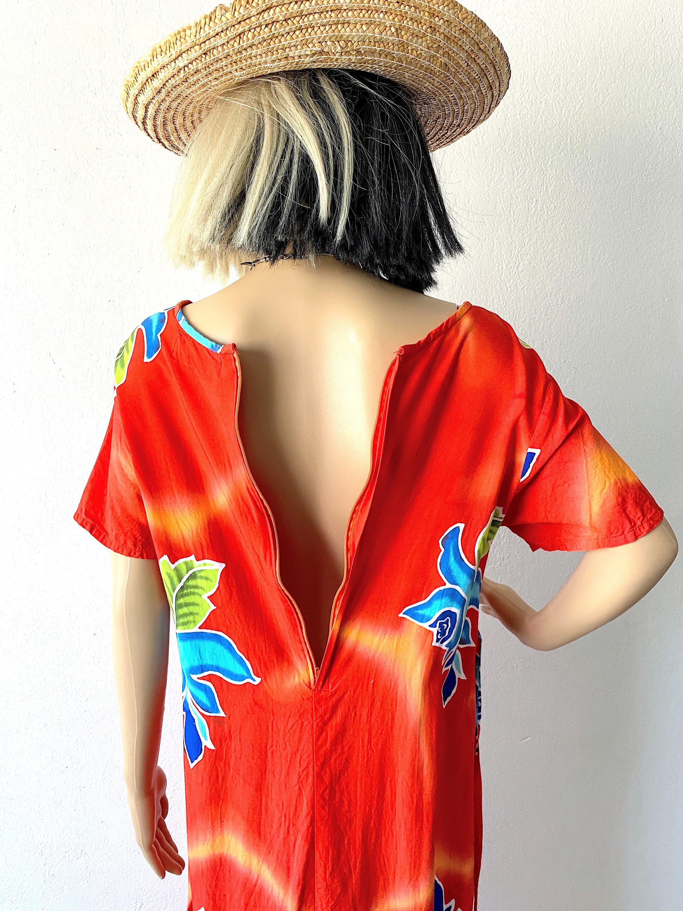 Vintage Tropical Maxi Dress | Hawaiian Dress | Bright Red Summer Dress ...
